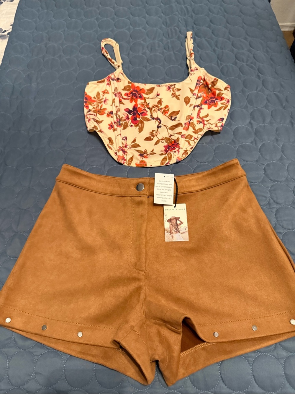 Sincerely Jules Brown Suede-Look High-Waist Shorts & cute top set.